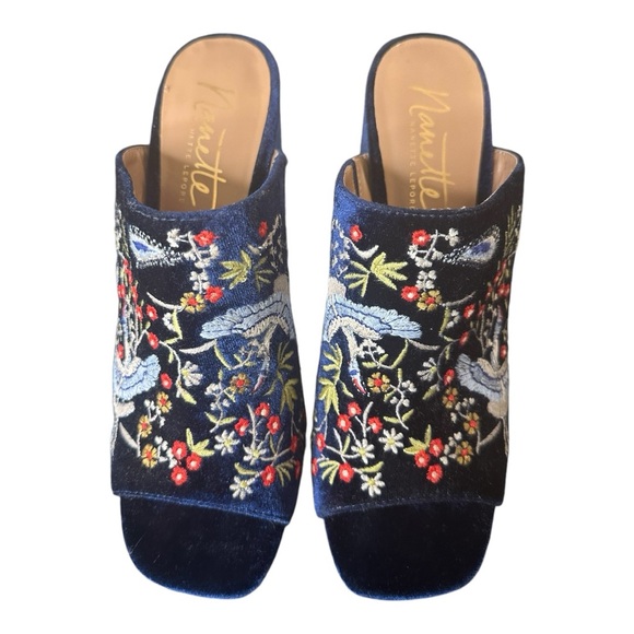 Nanette Lepore Shoes - Nanette Lepore Marsha, Blue Velvet Embroidered Heeled Mule with PeepToe